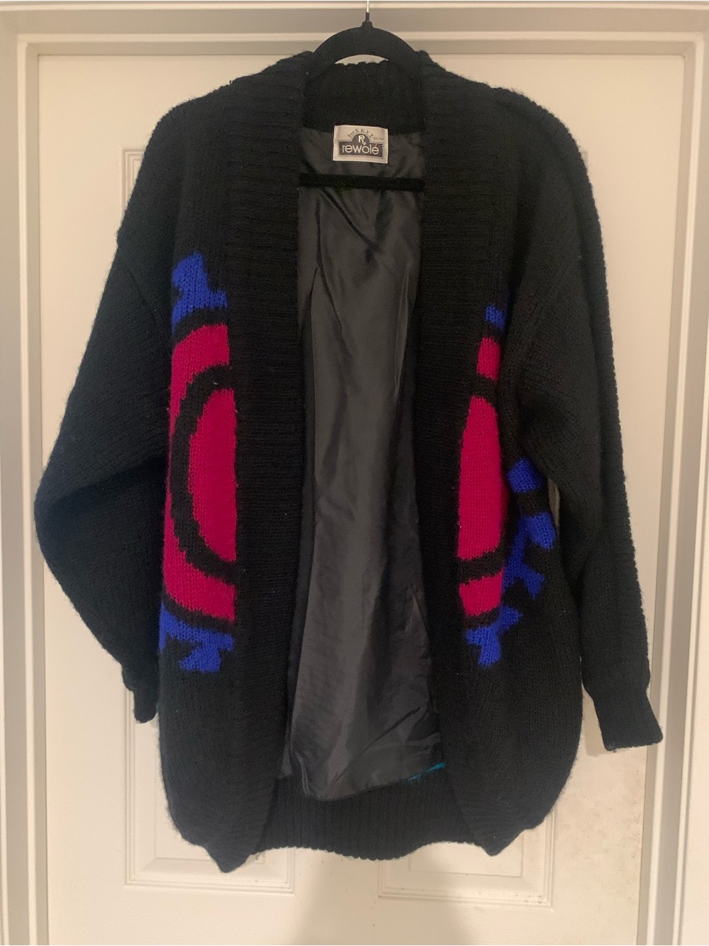 Vintage Mohair Wool  Cardigan with Pink and Blue Graphic Accents